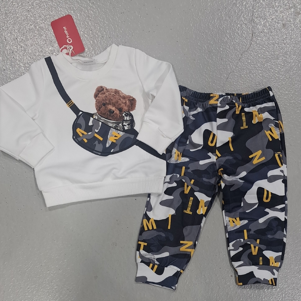 NWT PatPat White and Blue Camouflage Bear Sweatshirt and Pants Set